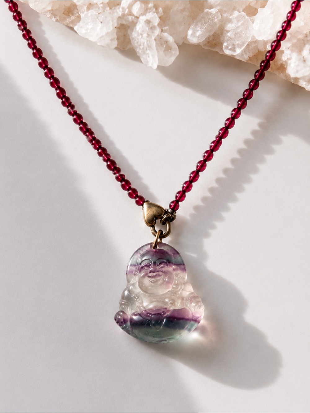 Carved Fluorite Buddha Pendant Necklace Purple Green Crystal 22” Heart Clasp